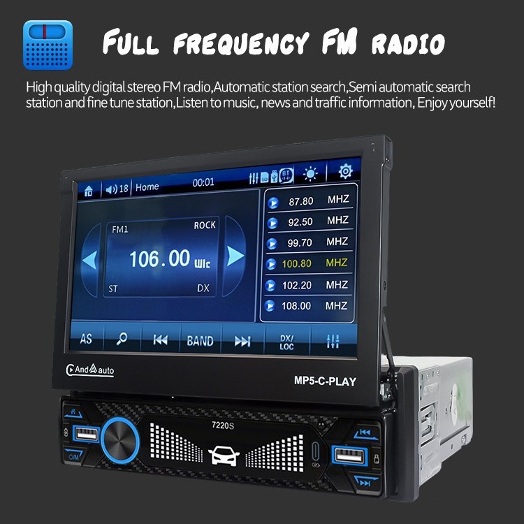 Automobilio Bluetooth MP5 grotuvas su kapacitiniu jutikliniu ekranu, OLED ekranas, modelis 7220S, 12V DC, atbulinės eigos vaizdas