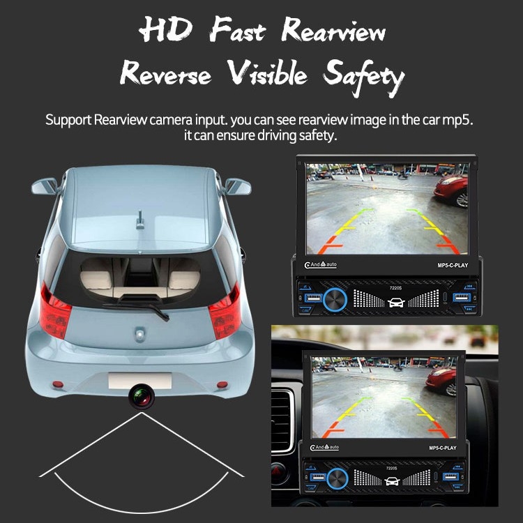 Automobilio Bluetooth MP5 grotuvas su kapacitiniu jutikliniu ekranu, OLED ekranas, modelis 7220S, 12V DC, atbulinės eigos vaizdas