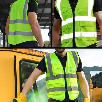 Penkių vienetų komplektas iš viskozės – ryškiu matoma atšvaitinė liemenė su logotipo spauda, nuotolinio valdymo pultas įtrauktas