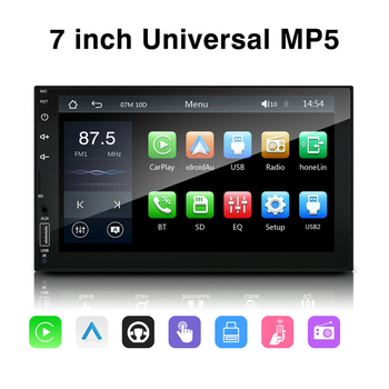 Lu ruibao 2DIN MP5 automobilinis stereo su OLED liečiamuoju ekranu, maitinimas 12-24V DC, Bluetooth, SD kortelės palaikymas, MP3/MP4/MP5 multimedijos formatai.
