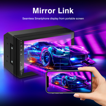 Lu ruibao 2DIN MP5 automobilinis stereo su OLED liečiamuoju ekranu, maitinimas 12-24V DC, Bluetooth, SD kortelės palaikymas, MP3/MP4/MP5 multimedijos formatai.