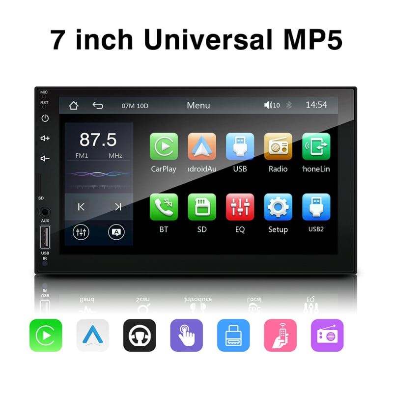 Lu ruibao 2DIN MP5 automobilinis stereo su OLED liečiamuoju ekranu, maitinimas 12-24V DC, Bluetooth, SD kortelės palaikymas, MP3/MP4/MP5 multimedijos formatai.