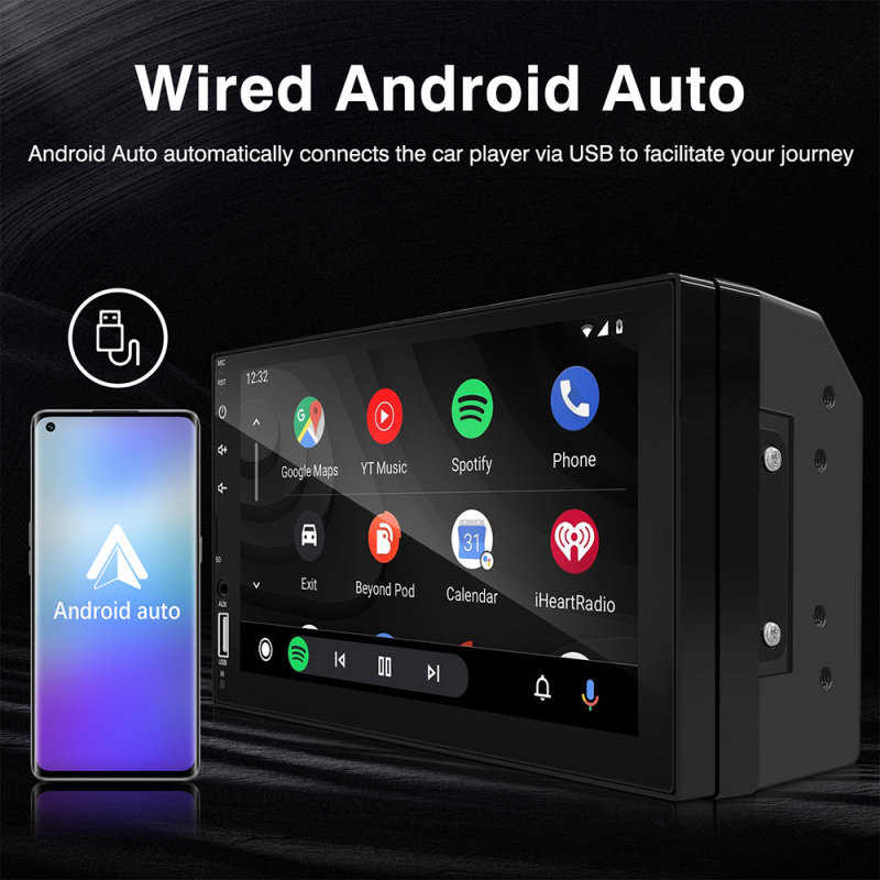 Lu ruibao 2DIN MP5 automobilinis stereo su OLED liečiamuoju ekranu, maitinimas 12-24V DC, Bluetooth, SD kortelės palaikymas, MP3/MP4/MP5 multimedijos formatai.