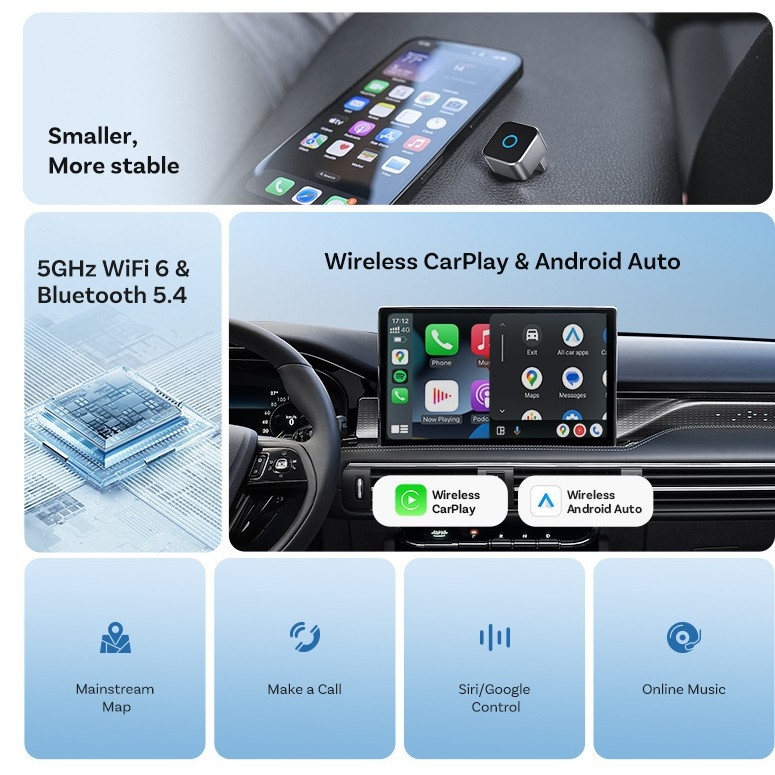 Ottocast мини куб безжичен CarPlay адаптер за Android Auto – модел cp88m, Android OS, Wireless CarPlay, CarPlay съвместим, 50 г