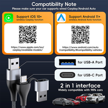 Bežični CarPlay adapter s dvostrukim sučeljem za auto - Plug and Play, dvostruko jezgreni CPU, 2 GB RAM, 16 GB ROM, USB-C, iOS
