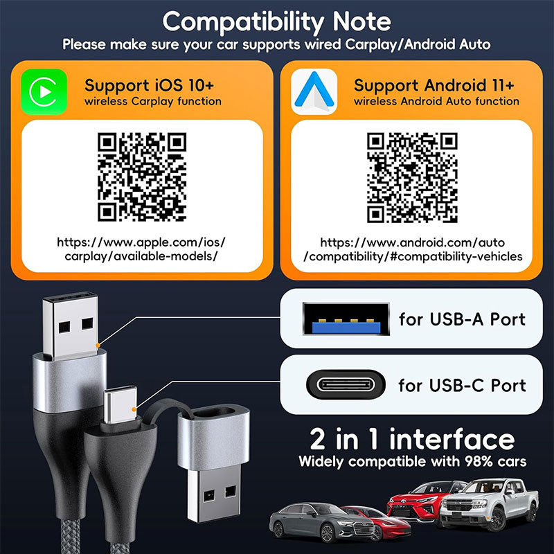 Bežični CarPlay adapter s dvostrukim sučeljem za auto - Plug and Play, dvostruko jezgreni CPU, 2 GB RAM, 16 GB ROM, USB-C, iOS