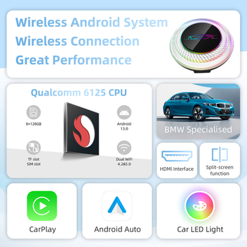 BMW juhtmevaba CarPlay Android-süsteemi jaoks auto ühenduskarp, Qualcomm 6125, 8GB RAM + 128GB salvestus, mudel RM-KPL 089 B