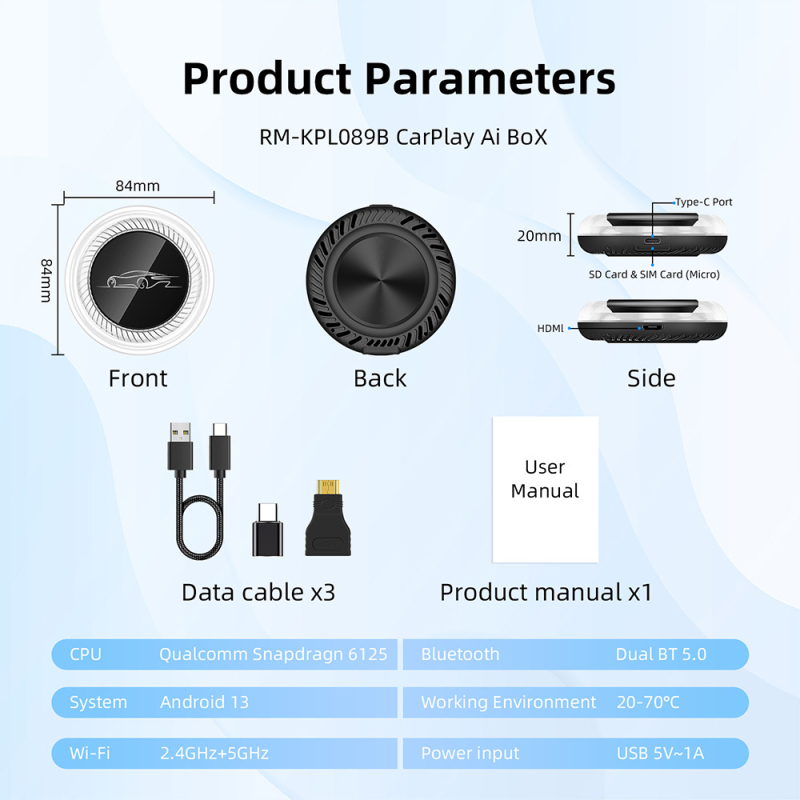 BMW juhtmevaba CarPlay Android-süsteemi jaoks auto ühenduskarp, Qualcomm 6125, 8GB RAM + 128GB salvestus, mudel RM-KPL 089 B