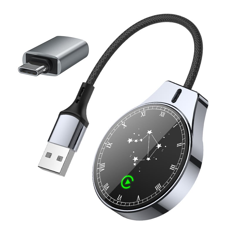 Cutie USB CarPlay fără fir pentru iPhone și Android Auto — 1080P, 2-în-1 CarPlay/Android Auto, sticlă temperată + aliaj de aluminiu, Model TYKJ-4157