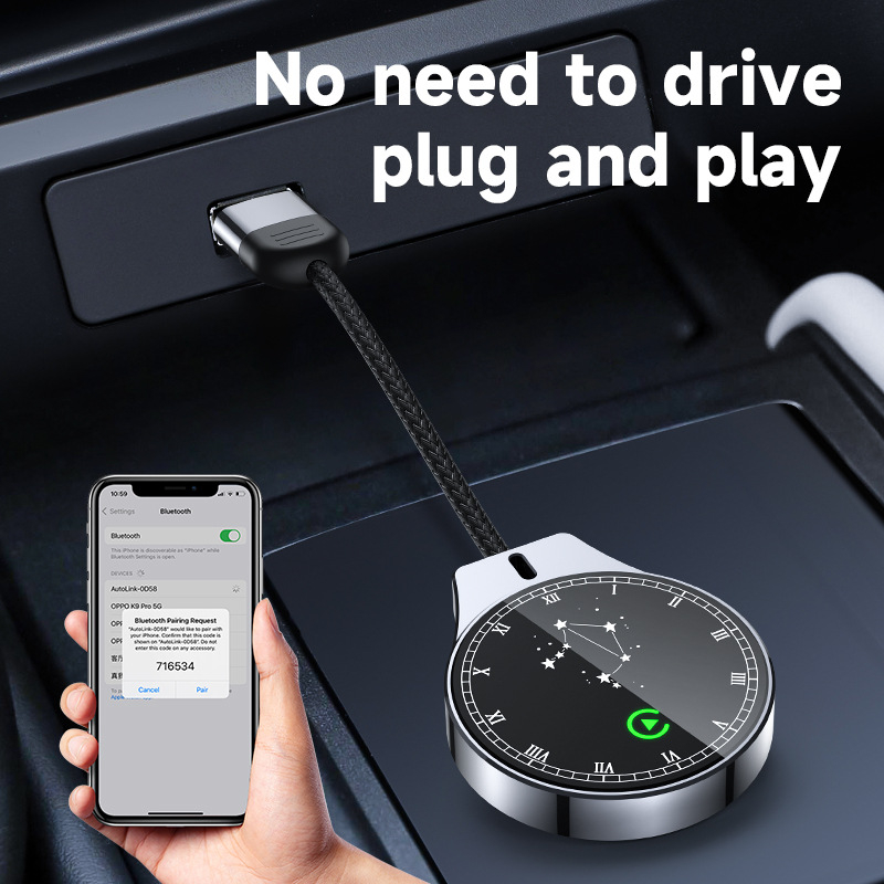 Cutie USB CarPlay fără fir pentru iPhone și Android Auto — 1080P, 2-în-1 CarPlay/Android Auto, sticlă temperată + aliaj de aluminiu, Model TYKJ-4157