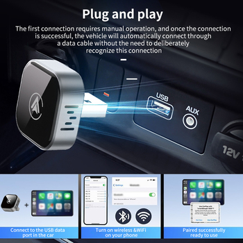 CarPlay конвертор 2-в-1: кабелно към безжично CarPlay и Android Auto, модел Zu4277s, USB или USB-C интерфейс, алуминиев сплав корпус и TPE, тегло 50 g