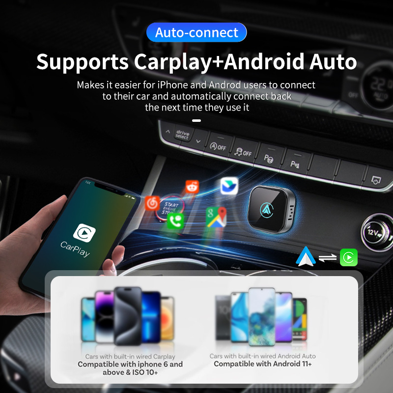 CarPlay конвертор 2-в-1: кабелно към безжично CarPlay и Android Auto, модел Zu4277s, USB или USB-C интерфейс, алуминиев сплав корпус и TPE, тегло 50 g
