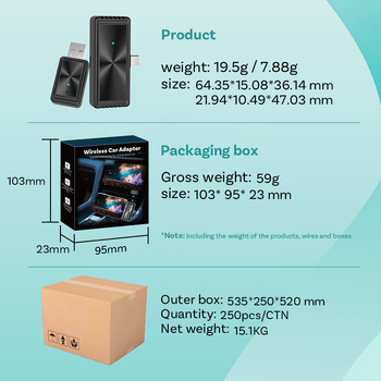 Ottocast Wireless CarPlay адаптер — модел CA510, двуядрен процесор, USB-C интерфейс, Linux ОС, тегло 50 g