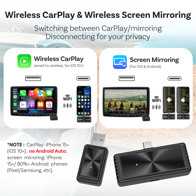 Ottocast Wireless CarPlay адаптер — модел CA510, двуядрен процесор, USB-C интерфейс, Linux ОС, тегло 50 g