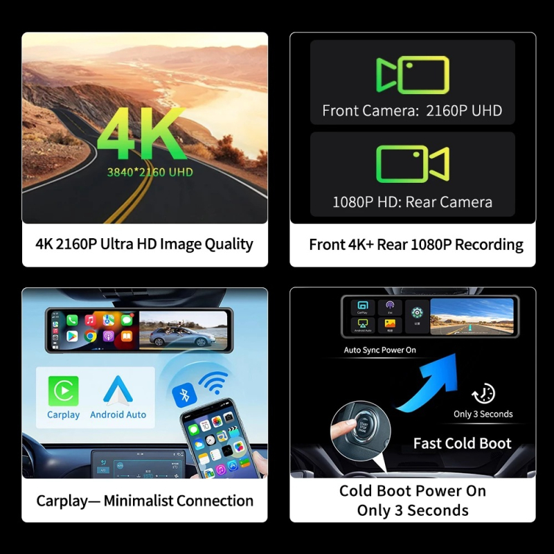4K elülső–hátsó kettős autó kamera, 170° látószög, GPS, CarPlay