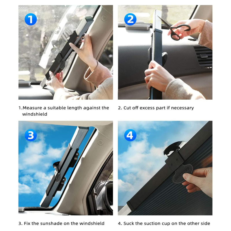 Автомобилен разтегателен сенник за предното стъкло, алуминиево фолио, 500 g, монтаж с вакуумна чашка, общо приложение, предна част.