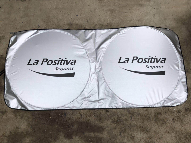 Автомобилна слънцезащитна щора за предното стъкло, дизайн с двойно кръгче, Silver-Tape материал, печат на лого, тегло 120 g, монтаж тип паста