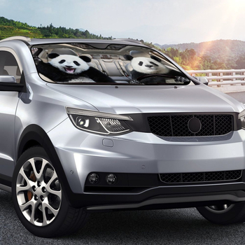 Dva pandina uzorka vizira za prednje staklo automobila — aluminijska folija, montaža pomoću usisne čašice, prilagodba, ispis logotipa