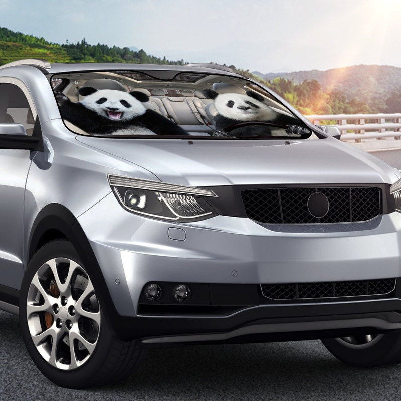 Dva pandina uzorka vizira za prednje staklo automobila — aluminijska folija, montaža pomoću usisne čašice, prilagodba, ispis logotipa