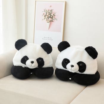 Jastučnica za vrat u obliku U s kapuljačom, dizajn crtani panda, PP pamuk punjenje, kristalni velur tkanina, univerzalna upotreba