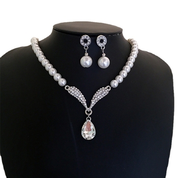 Set perlovog ogrlica i naušnica, s perlovanim lancem i privjeskom od legure – 2-djelni ženski vjenčani komad nakita (ljeto 2022)