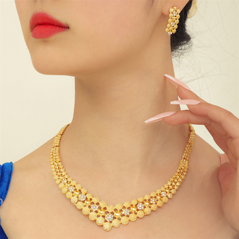 Set ogrlice i naušnica od legure, pozlaćeni završni sloj, običan lanac, ženski modni nakit