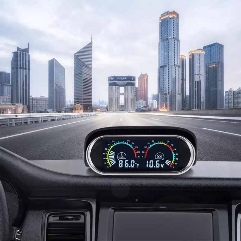 12V-24V Autó- és teherautó víz hőmérséklet mérő és voltmérő – digitális kijelző, műanyag mérőegység + fém szenzor, radiális típus