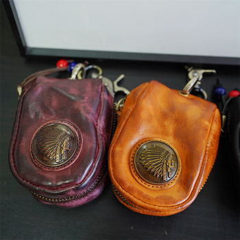 Etui pentru chei auto cu motiv Cap Indian, lucrat manual, stil vintage, din piele vegetală, fermoar