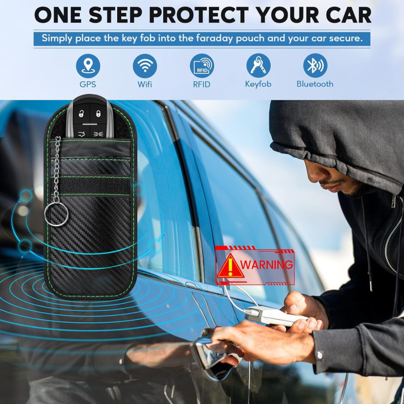 Geantă pentru chei din fibră de carbon cu protecție RFID Faraday, model cu dungi, design cu o singură pliere, căptușeală cu material de protecție nano