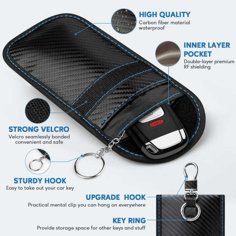 Geantă pentru chei din fibră de carbon cu protecție RFID Faraday, model cu dungi, design cu o singură pliere, căptușeală cu material de protecție nano