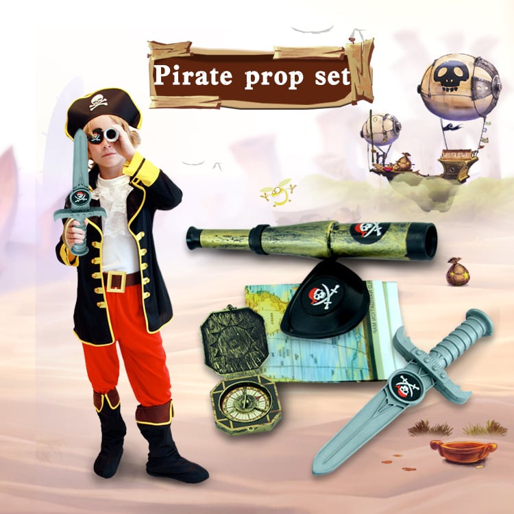 Пиратски реквизит за Хелоуин – пластмасов комплект за грим и костюм, изработен чрез инжекционно формоване, включва играчки нож, компас, карта и телескоп