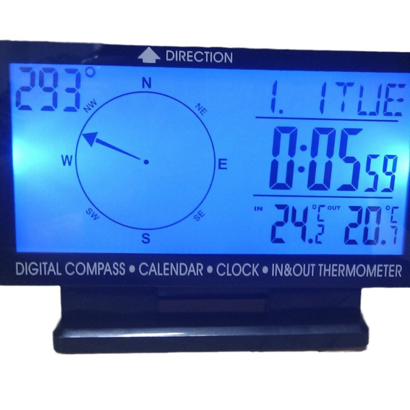 Autóhoz tervezett elektronikus iránytű LCD kijelzővel, idő és dátum funkciókkal, azimut szög kijelzés, ABS ház, BECAR márka, autóhasználatra