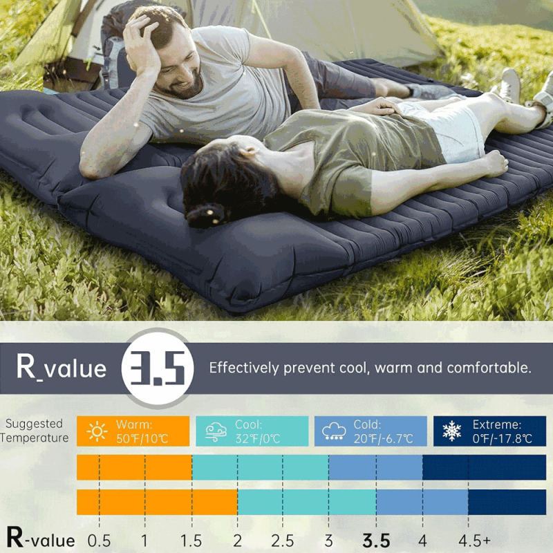 Kültéri felfújható ágy húzóhevederrel; hordozható kemping- és autóhasználatra alkalmas levegő matrac; tömeg 0,86 kg; maximális terhelés 200 kg; felső felület 40D nylon TPU