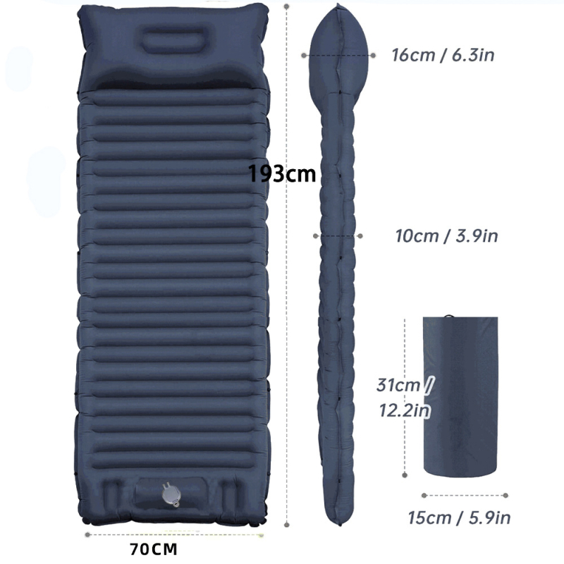 Kültéri felfújható ágy húzóhevederrel; hordozható kemping- és autóhasználatra alkalmas levegő matrac; tömeg 0,86 kg; maximális terhelés 200 kg; felső felület 40D nylon TPU
