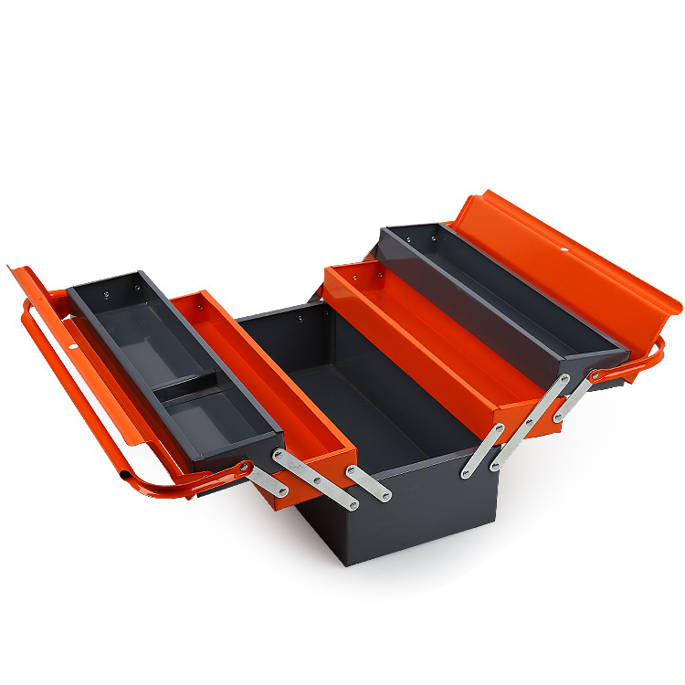 Cutie de scule cu design pe trei niveluri și cinci compartimente, cadru din fier, placă din oțel laminat la rece, finisaj cu pulverizare din plastic, model portabil
