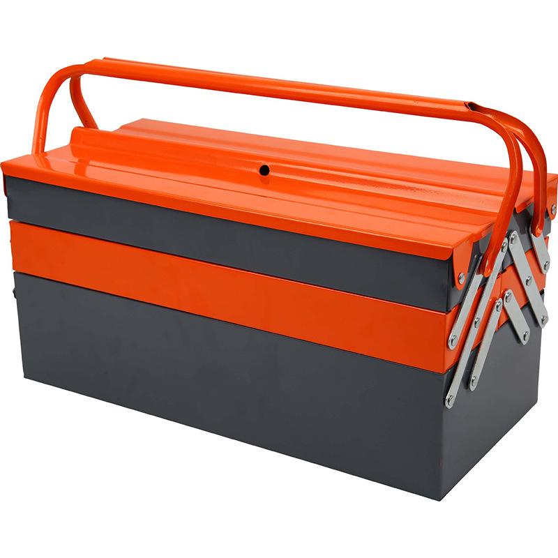 Cutie de scule cu design pe trei niveluri și cinci compartimente, cadru din fier, placă din oțel laminat la rece, finisaj cu pulverizare din plastic, model portabil