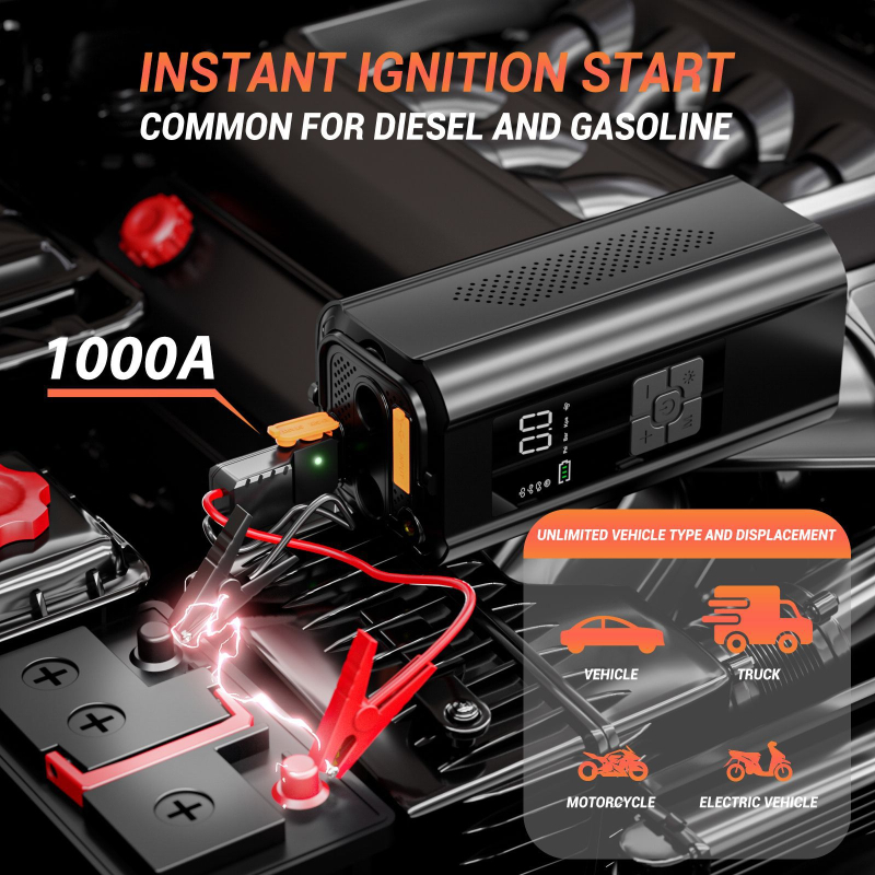 Automobilska pumpa za zrak, nužni start i power banka – sve-u-jednom, s digitalnim zaslonom, 12V, 100W, dvostruki cilindar, 30 L/min