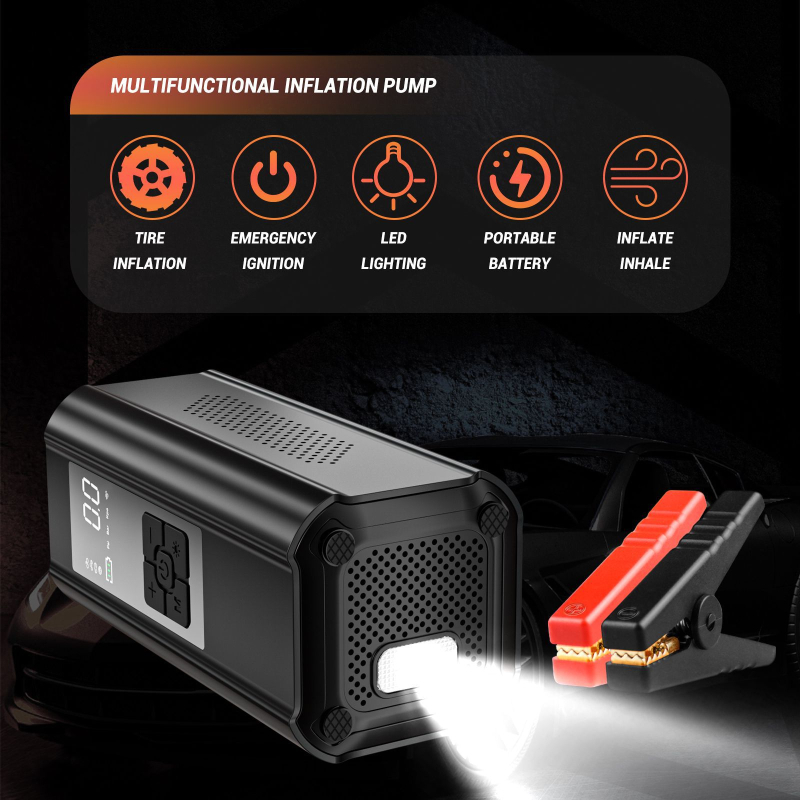 Automobilska pumpa za zrak, nužni start i power banka – sve-u-jednom, s digitalnim zaslonom, 12V, 100W, dvostruki cilindar, 30 L/min