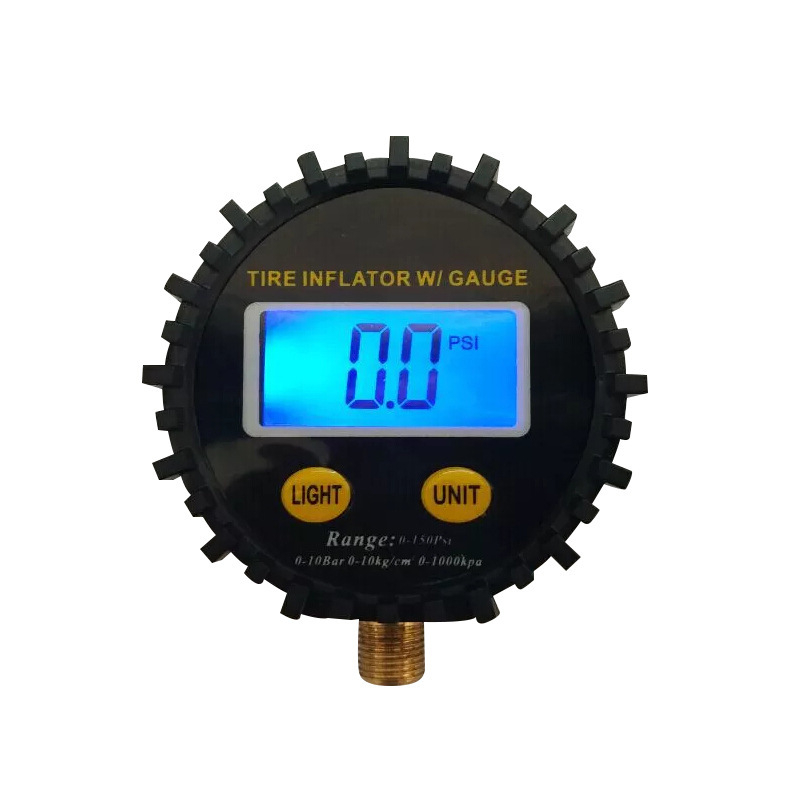 Manometru digital pentru pneuri cu iluminare, interval 0-10 bar, rezoluție 0,5 psi, alimentare cu baterie AAA, afișaj în mai multe unități