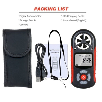 Digitālais anemometrs ar barometru un altimetru – mēra vēja ātrumu 0–30 m/s, precizitāte 5%, izšķirtspēja 0,1 m/s, temperatūra, mitrums, atmosfēras spiediens un augstums