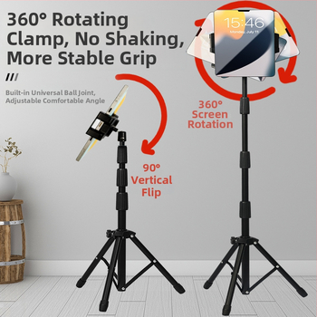 Stojan na tablety a telefón na podlahe, trojuholníková konštrukcia s výsuvným mechanizmom pre vnútorné/vonkajšie použitie; model JY319V6, hmotnosť 1,2 kg.