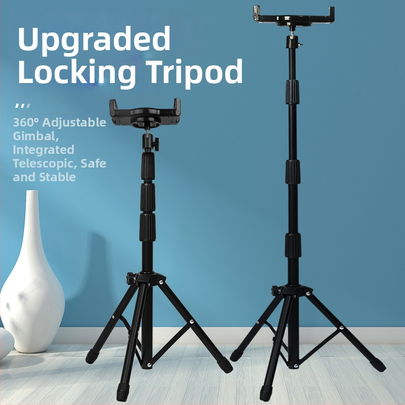 Stojan na tablety a telefón na podlahe, trojuholníková konštrukcia s výsuvným mechanizmom pre vnútorné/vonkajšie použitie; model JY319V6, hmotnosť 1,2 kg.