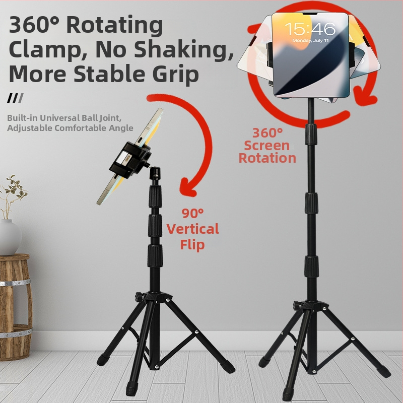 Stojan na tablety a telefón na podlahe, trojuholníková konštrukcia s výsuvným mechanizmom pre vnútorné/vonkajšie použitie; model JY319V6, hmotnosť 1,2 kg.