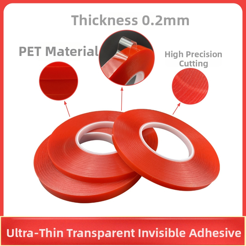 PET dubultās līmlentes, caurspīdīga, biezums 0.2 mm, temperatūras izturība ilgtermiņā 70°C / īslaicīgi 100°C; piemērota viedtālruņu korpusiem, LCD ekrāniem, planšetdatoriem, ABS automobiļu komponentēm