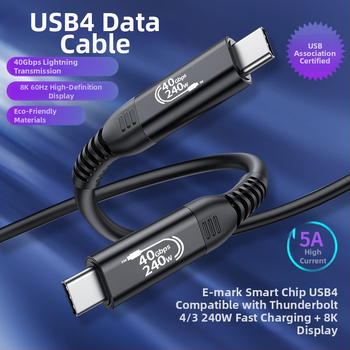 USB4 Type-C kábel s Thunderbolt 5, 40Gbps, 240W rýchle nabíjanie