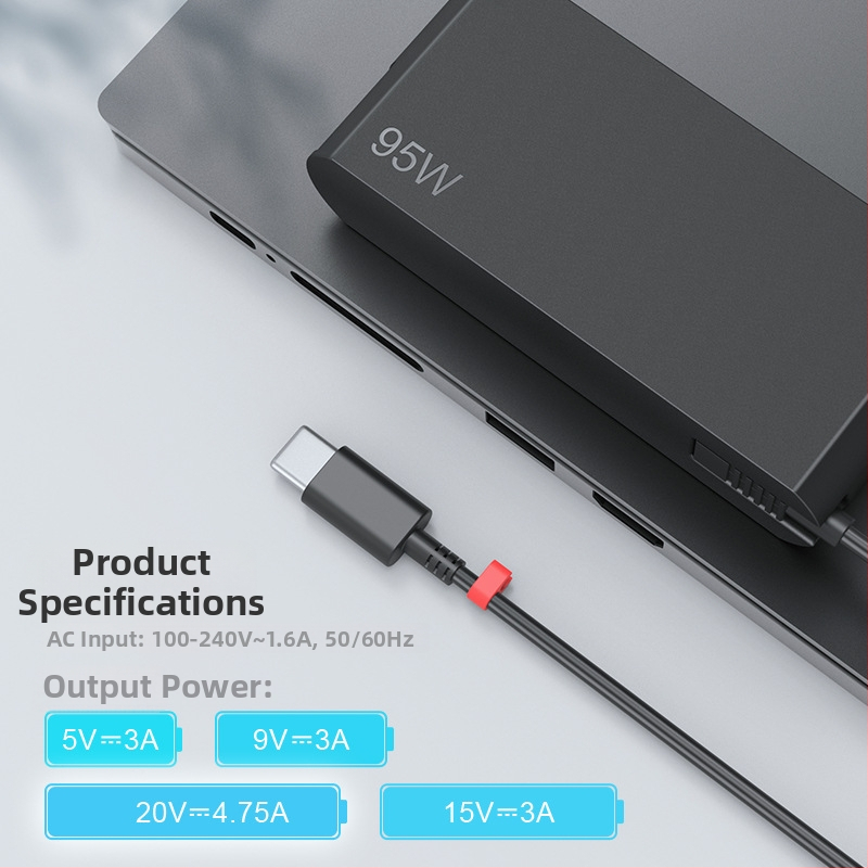 VERCOM A1762 USB-C 95W laadija LENOVO sülearvutitele, väljund 20V 4.75A, sisend 100-240V