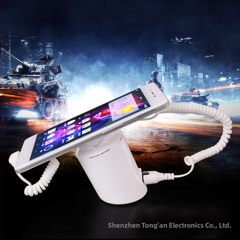 Pret aizsardzības brīdinājuma displeja statīvs mobilo telefonu un planšetu aizsardzībai — Modelis A22, 5V barošana, kabelis, izmēri 50×85×30 mm, piemērots iepirkšanās centriem