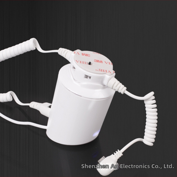 Pret aizsardzības brīdinājuma displeja statīvs mobilo telefonu un planšetu aizsardzībai — Modelis A22, 5V barošana, kabelis, izmēri 50×85×30 mm, piemērots iepirkšanās centriem