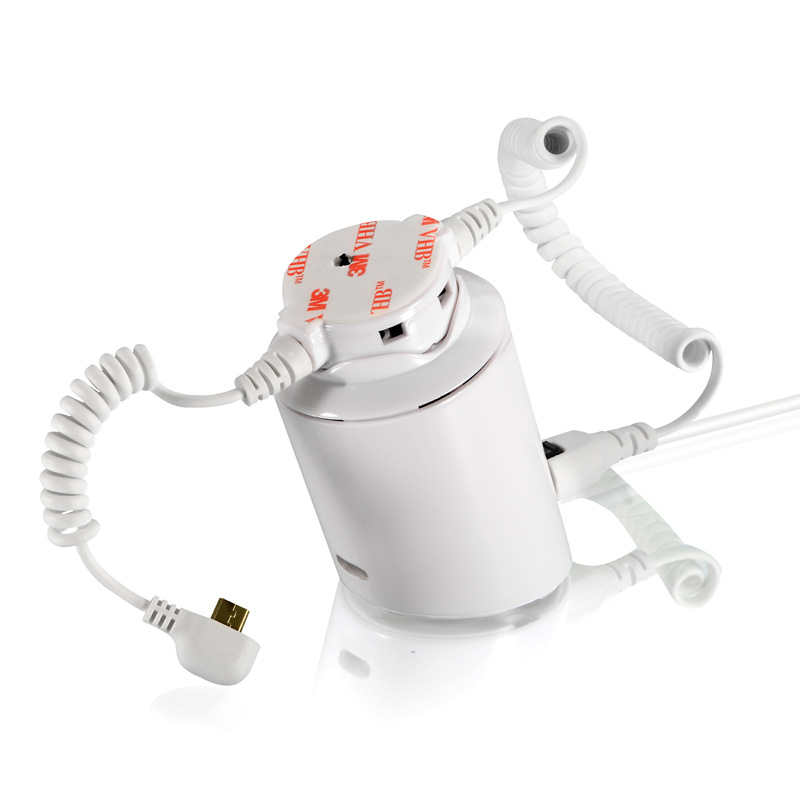 Pret aizsardzības brīdinājuma displeja statīvs mobilo telefonu un planšetu aizsardzībai — Modelis A22, 5V barošana, kabelis, izmēri 50×85×30 mm, piemērots iepirkšanās centriem