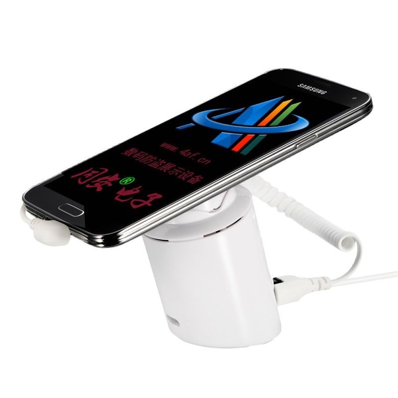 Pret aizsardzības brīdinājuma displeja statīvs mobilo telefonu un planšetu aizsardzībai — Modelis A22, 5V barošana, kabelis, izmēri 50×85×30 mm, piemērots iepirkšanās centriem